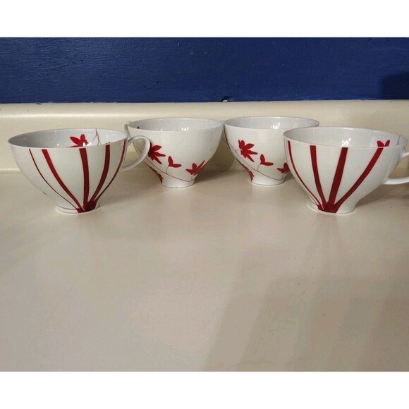Mikasa Pure Red Fine Porcelain Cups Leaves Stripes Flowers Retired FL 134 SET 4 - Picture 1 of 6